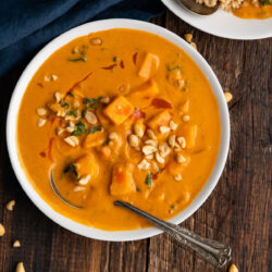 A bowl with African peanut soup.