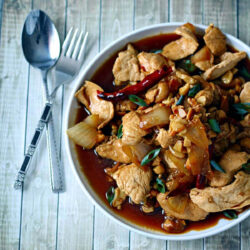 Thai Cashew Chicken in a white bowl.