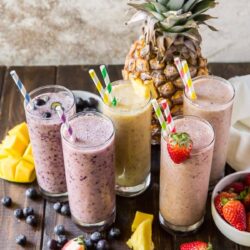 Vegan breakfast smoothies on a table.