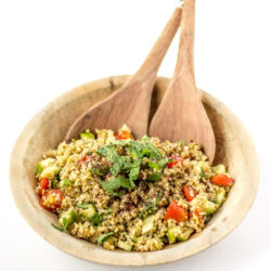 A rustic bowl with cracked Freekeh salad.