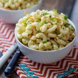 A bowl with Hawaiian Macaroni Salad.