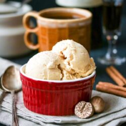 Homemade eggnog ice cream served in a bowl.