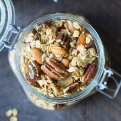 A jar filled with homemade granola.