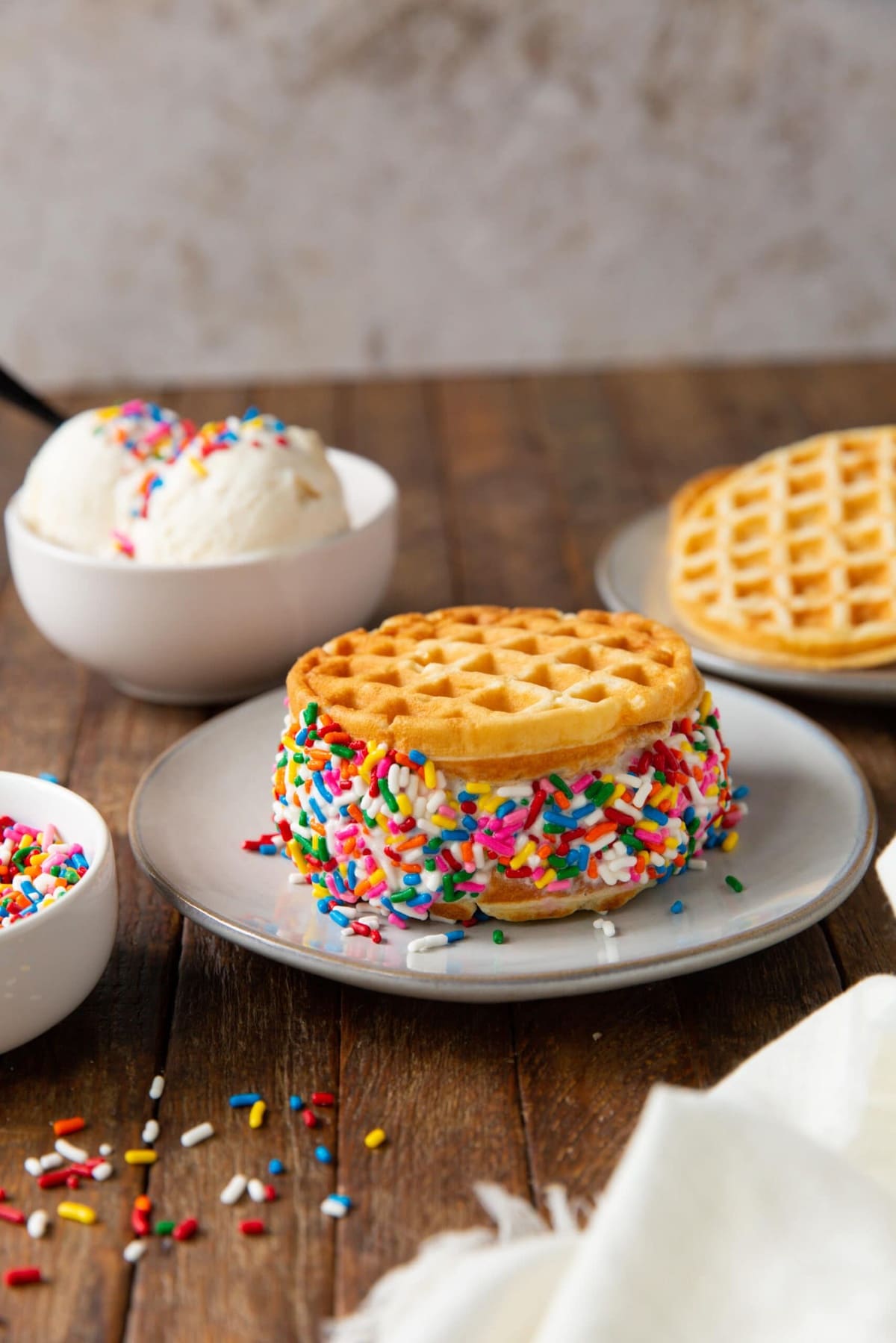 Vanilla ice cream waffle with jimmies.