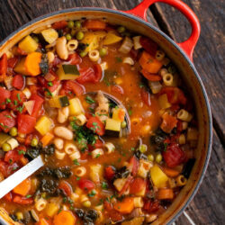 Authentic Italian Minestrone soup in a Dutch oven.