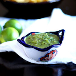 A bowl with Kiwi Salsa Verde.