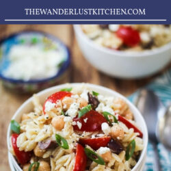 Mediterranean Orzo Pasta Salad Recipe in a white bowl.
