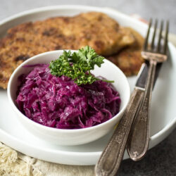 Rotkohl served with German pork schnitzel.