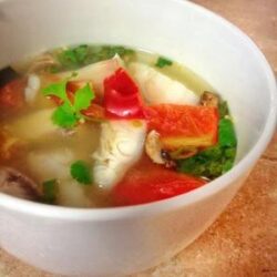 Thai Fish Soup in a white bowl.