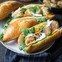 Vegan Chickpea Meatballs served in a baguette.