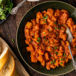 This Vegetarian Potato Paprikash is a modified traditional Hungarian dish with a tangy sauce that comes together quickly and easily.